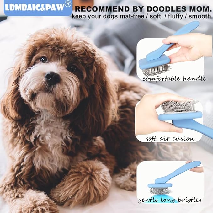 Dog Slicker Brushes for Poodles,Doodles,Goldendoodle,Bernedoodle.Slicker Brush for Thick Long Curly Fur Deshedding,Fluff,Grooming.Remove Loose Fur Quick Easy.Long Pin Slicker Brush.Wood body(Large)