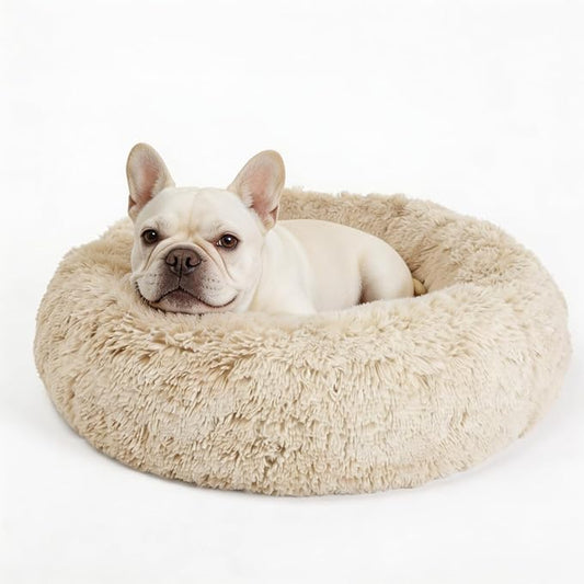 Calming Donut Dogs Beds for Small Dogs Washable,28inch Plush Round Pet Bed for Cozy Sleep,Fluffy Faux Fur Large Cat Bed,Fits up to 30 lbs Pets,Beige