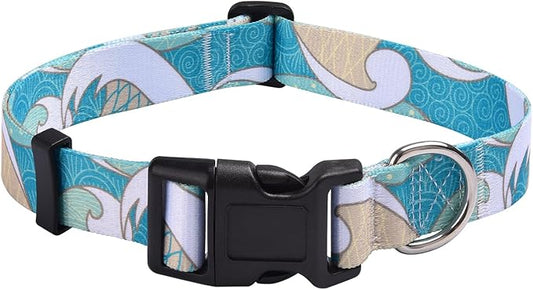 Dog Collar with Bohemia Floral Tribal Geometric Patterns - Soft Ethnic Style Collar Adjustable for Small Medium Large Dogs(Sea Wave,M)