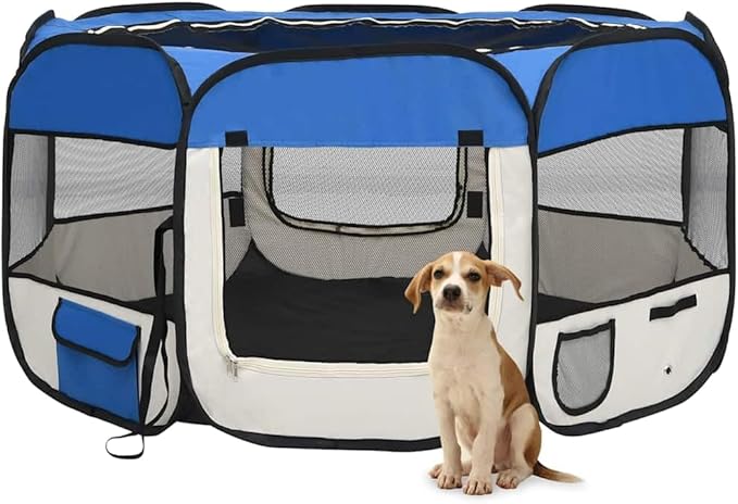 vidaXL Foldable Dog Playpen with Carrying Bag - Blue & Cream Dog Run Cage with Strong Steel Frame & Zippered Mesh Door - Ideal for Home and Travel Use