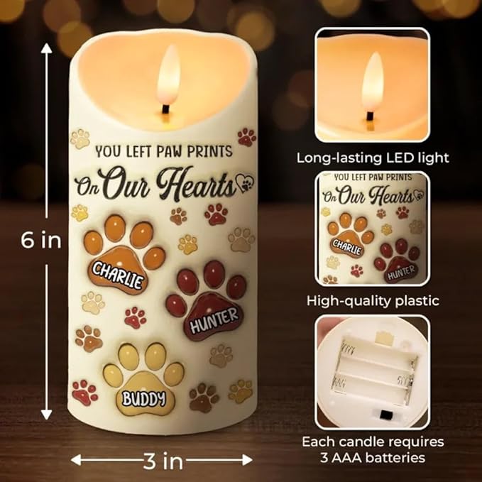 Personalized You Left Paw Prints On Our Hearts 3D Inflated Effect Printed Led Candle Gift Dog Cat Memorial Sympathy Remembrance Gift For Dog Mom Cat Mom Pet Owners On Christmas Pet Birthday Gifts