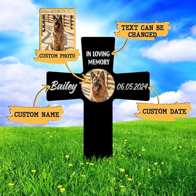AVAGifts Personalized Pet Photo Memorial Cross Metal – Forever in Our Hearts Grave Marker, Custom Name & Date Outdoor Memorial Stake, Loss of Cat Sympathy Gift, Custom Dog Grave Marker for Cemetery, Easter Gifts