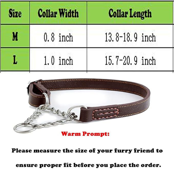 Love Dream Martingale Collars for Dogs, Genuine Leather Training Dog Collar, Stainless Steel Chain Anti-Escape No Pull Dog Collar for Medium Large Dogs (L(15.7"-20.9"), Brown)