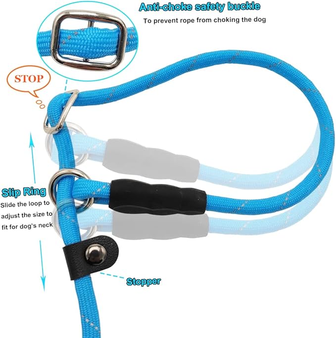 BTINESFUL 10FT / 15FT / 20FT Slip Lead Dog Leash, Reflective 1/3” Rope Leash Long Training Lead for Small Medium Dogs (20ft, Blue)