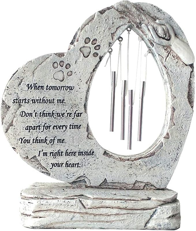 Paw Prints Pet Dog Memorial Stones with Wind Chimes, Loss of Dog Sympathy Keepsake Pet Dog Memorial Gi-fts, Heart Shaped Pet Dog Headstone Grave Markers for Garden Yard Patio Lawn Decor