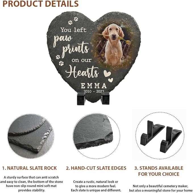 Sympathy Pet Bereavement Heart Shaped Stone with Dog Paw Print, Custom Plaque to Decor for Cemetery, Memorialize Your Furry Loved Ones, Thoughtful Gifts for Cat Lovers at The Loss