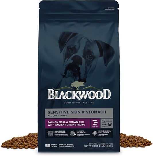 Blackwood Sensitive Skin & Stomach Dry Dog Food, Salmon Meal & Brown Rice with Ancient Grains, 24 Pound Bag with Prebiotics & Probiotics to Promote Gut Health