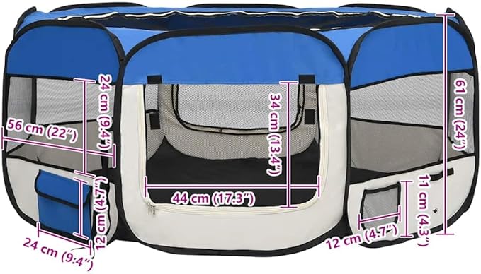 vidaXL Foldable Dog Playpen - Portable Training and Play Area with Carrying Bag - Ideal for Home and Travel - Blue Polyester with Steel Frame - 57.1"x57.1"x24" Size