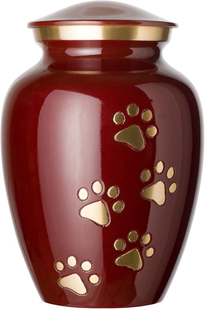 Ottillie Paws Legacy Series Pet Urn for Dogs, Handmade Brass Memorial Cremation Urn (X-Large - Pets up to 170 lbs, Crimson, Brass Vertical Paws)