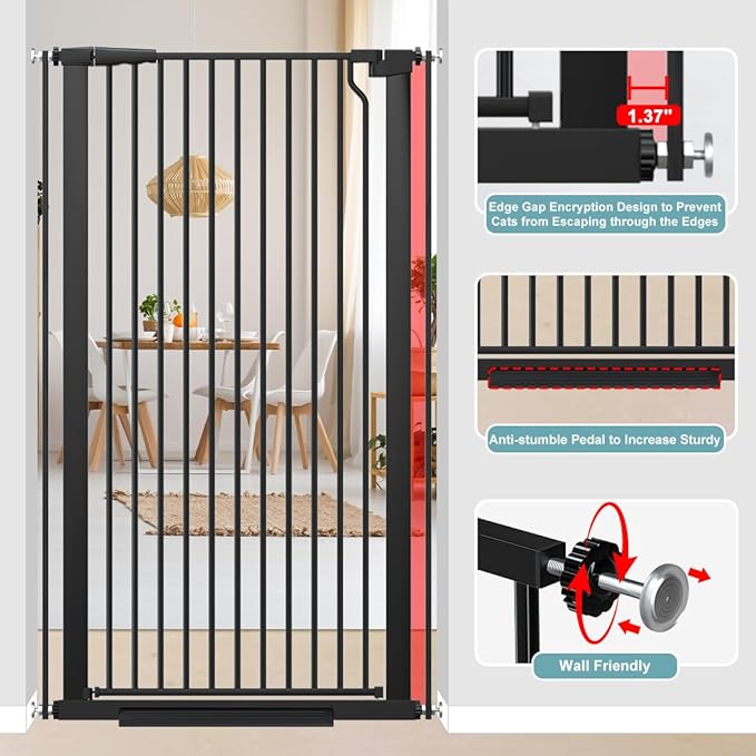 51.18" Extra Tall Pet Gate for Cats Dogs-29.6"-32.6" Extra Wide Baby Cat Gate for Stairs and Doorways-1.37" Ultra Narrow Spacing Dog Gate Dog Door with One-Handed Operation(29.6"-32.6")