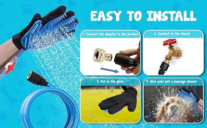 Dog Bath Glove & Sprayer – 3-in-1 Pet Bathing Tool for Washing, Scrubbing & Deshedding – Connects to Garden Hose – Adjustable Water Pressure – Easy Rinse Dog Shower – Gift for Dog Owners