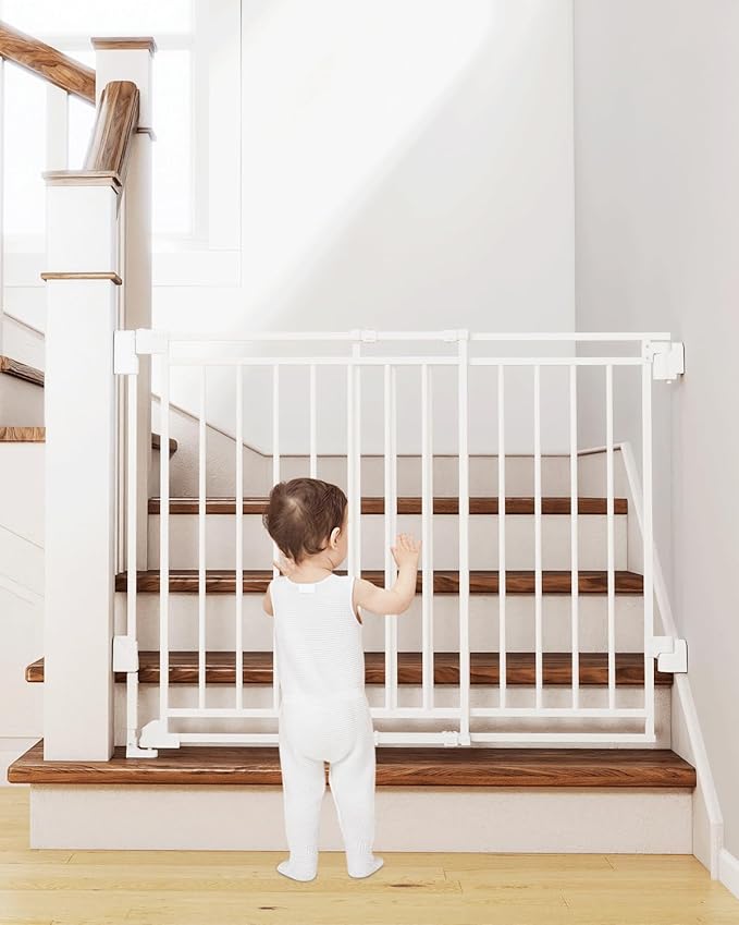 26.5-43" No Bottom Bar Baby Gate for Stairs and Doorways, 29" Tall Hardware-Mounted Baby Gate for Top and Bottom Stairs, Auto-Close Dog Gate Indoor with Extra Wide Walk Thru