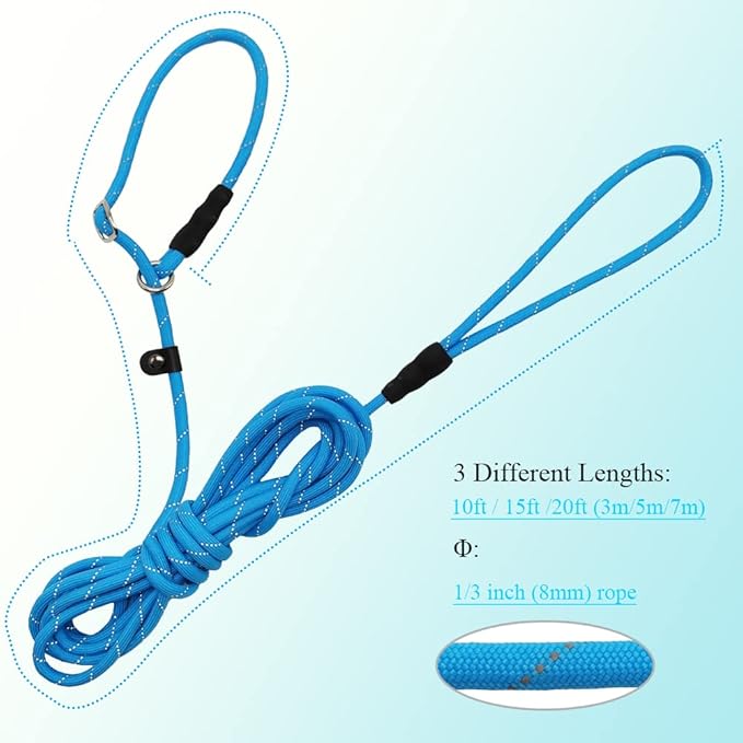 BTINESFUL 10FT / 15FT / 20FT Slip Lead Dog Leash, Reflective 1/3” Rope Leash Long Training Lead for Small Medium Dogs