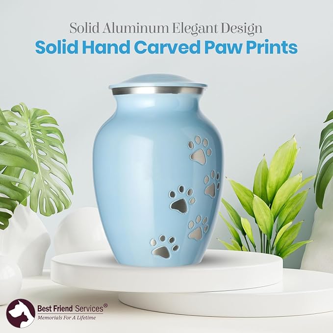 Ottillie Paws Legacy Series Pet Urn for Dogs, Handmade Aluminum Memorial Cremation Urn (X-Large - Pets up to 170 lbs, Baby Blue, Vertical Pewter Paws)