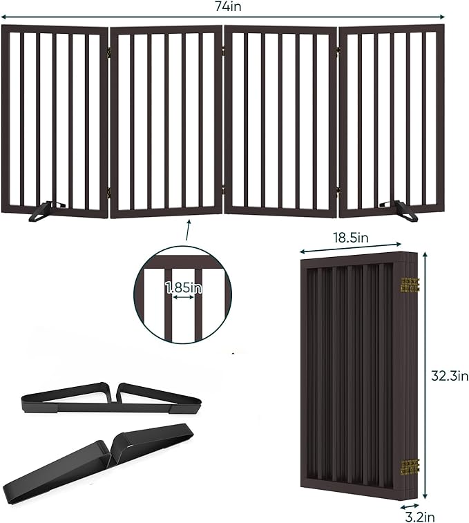 Freestanding Dog Gate Indoor 32“Tall, Foldable Dog Gates for Doorways, 4-Panel Pet Gates for Dogs with with 2 Metal Stands (74" W, Espresso)