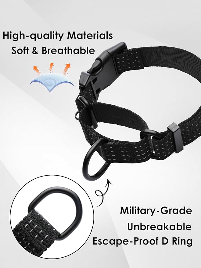 Martingale Dog Collar, Reflective No Pull Training Collar with Quick Release Buckle & USA Flag, Heavy-Duty Nylon, Adjustable for Small Medium Large Dogs (M,Black with Flag
