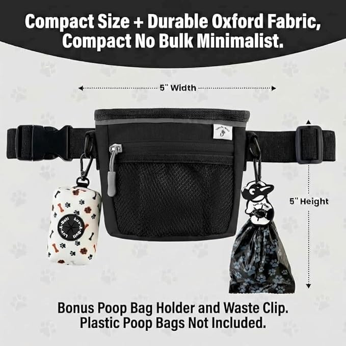 Dog Training Treat Pouch, Clip-On, Crossbody, Magnetic, 2 Compartment Divided Interior, 1 1/2 Cup Total 3/4 Each Side, Dog Treat Training & Walking Bag, Poop Bag & Waste Clip, Hand Free- Black 5x5