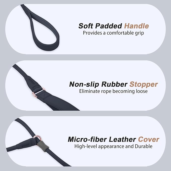 Slip Lead Dog Leash, Dog Training Leash with Double Handle, Soft Leather Slip Leash and Collar, Heavy Duty Nylon Dog Lead, No Pull Walking for Medium Large Small Dogs 5ft Black