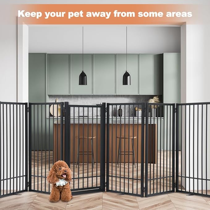 SMONTER Free Standing Dog Gate with Door Walk Through, 120'' Extra Wide Indoor Dog Fence, 31.5'' Height 6 Panels Foldable Metal Pet Puppy Gate for Stairs, Hallways, Doorway