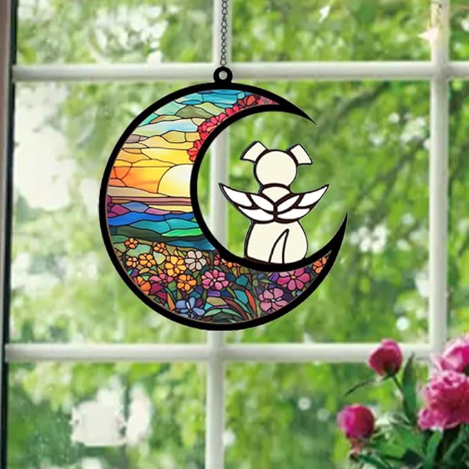 Memorial Pet Sympathy Suncatcher - White Angel Dog on Flower Moon Beverage Acrylic Ornament - Window Wall Decor Gift for Dog Lover