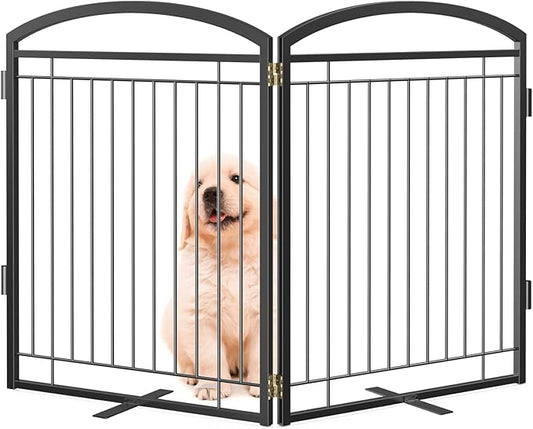 Full Metal Free Standing Dog Gate with Door for Indoor Outdoor, 48'' Extra Wide 32'' Tall Dog Gate for Doorways,Large Openings,Decks,Pet Puppy Freestanding Safety Fence(2 Panels,Black)