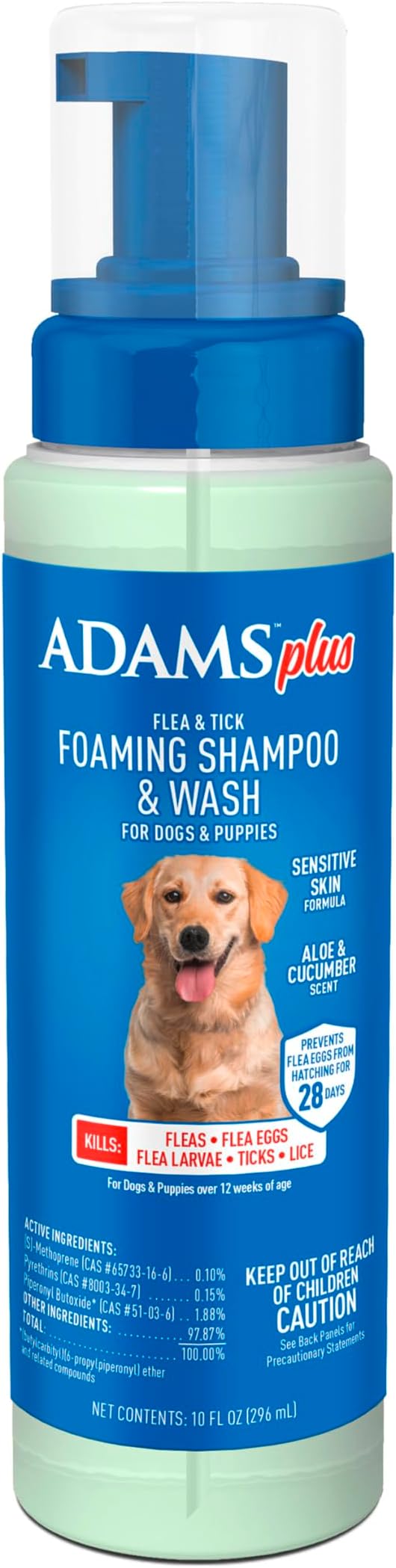 ADAMS Plus Flea & Tick Foaming Shampoo & Wash for Dogs & Puppies, Flea Shampoo to Treat Flea Infestations, Kills Ticks, Fleas, Flea Eggs & Lice, Cleans and Conditions Coat, 10 Ounces