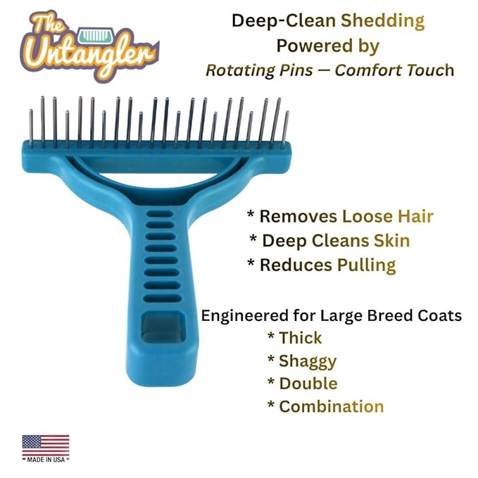The Untangler Rakes for Grooming and Shedding -silky smooth rotating teeth to easily collect loose hair (Blue, Shedding)
