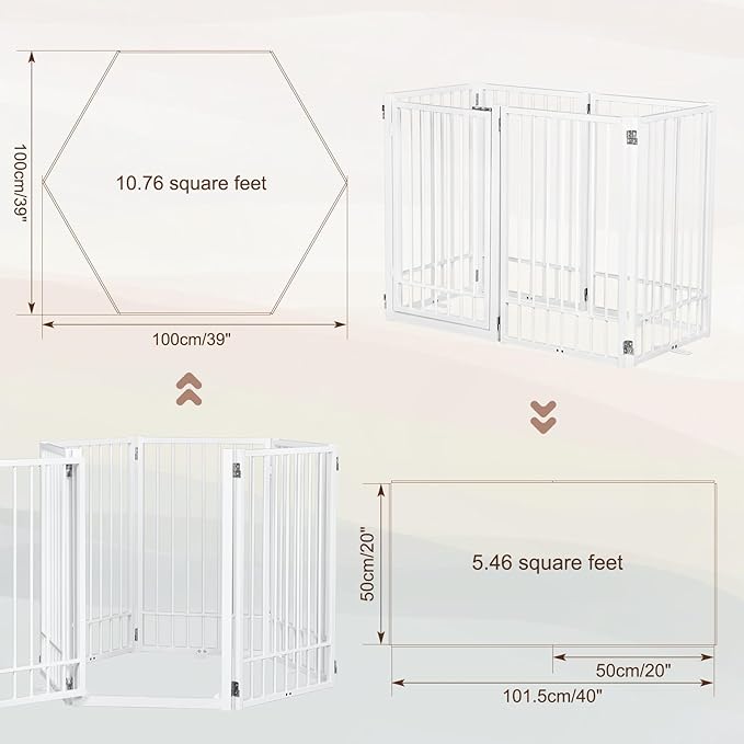 Metal Freestanding Dog Gate with Door, Extra Wide 121", 31" Height Foldable for Doorways, Tall Fence Indoor Outdoor Pet Barrier for Stairs Hallways, 6 Panels, White