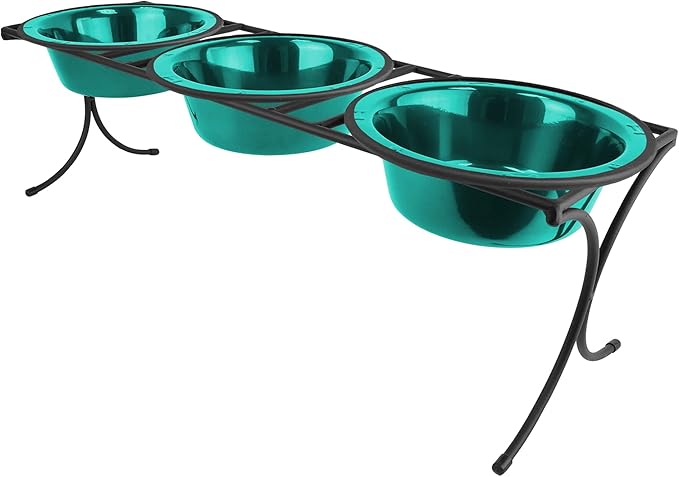 Platinum Pets 4 Cup Bistro Triple Raised Feeder with Stainless Steel Wide Rimmed Bowls, Caribbean Teal