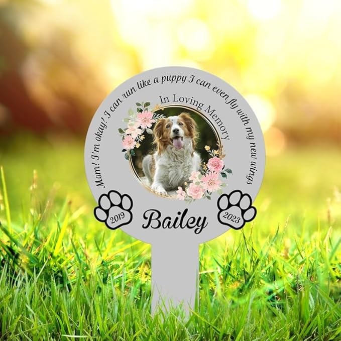 Personalized Dog Memorial Stake Custom Dog Photo Mom I'm Okay Metal 8x8 inch Pet Grave Marker Pet Loss Gift Sympathy Gift (Style 24)