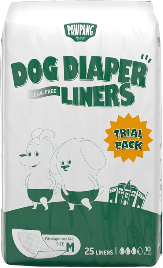 PAWPANG Disposable Dog Diaper Liners l Trial Pack (25 Count), Absorbent Inserts with Odor Control for Reusable Dog Diapers & Belly Bands (Medium)