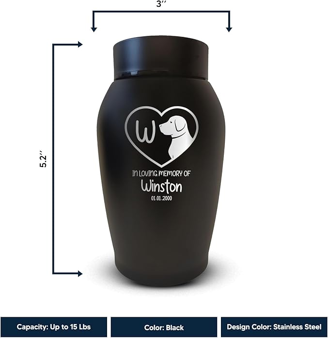 Personalized Custom Small Keepsake Urn Engraved with Pet Name, Date, and Dog Design - 5.2" Black Powder Coated Steel Cremation Urn for Dogs Ashes | 12-16 lb Capacity, Initial in Heart