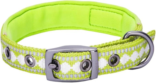 Blueberry Pet Reflective Jacquard Dog Collar with Neoprene Padding & Metal Buckle | Soft & Adjustable Safety Collar - Macaw Green, Neck 9-12.5", for Small Breed