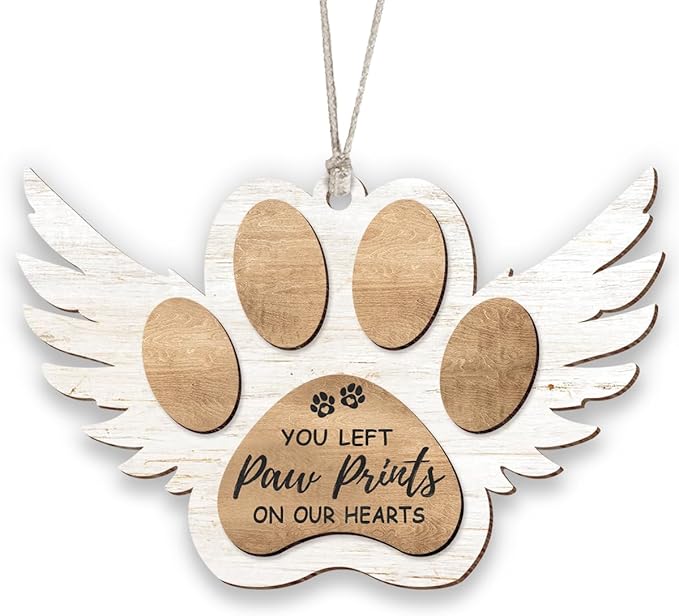 Pet Memorial Ornament, White Christmas Decor, Gifts for Loss of Dog, Angel Wings Wooden Ornaments, You Left Paw Prints on Our Hearts, Dog Passing Away Gift, Puppy Heaven