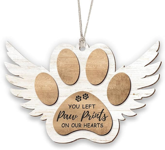 Pet Memorial Ornament, White Christmas Decor, Gifts for Loss of Dog, Angel Wings Wooden Ornaments, You Left Paw Prints on Our Hearts, Dog Passing Away Gift, Puppy Heaven