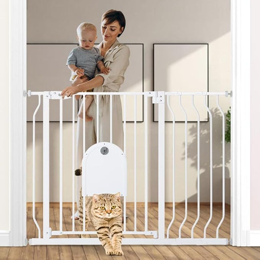 COMOMY 29.5-43.7" Baby Gate with Adjustable Cat Door,Extra Wide Metal Cat Gate for Stairs Doorways, Auto Close Dog Gate with Pet Door for House, Pressure Mounted Easy Walk Through (30" Tall, White)