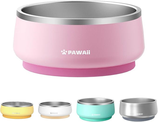 Pawaii Dog Bowl, 34 oz Double-Wall Stainless Steel Food and Water Bowl, Non-Slip Rubber Base, Dishwasher Safe, ID Tag Included, (1 Pack)