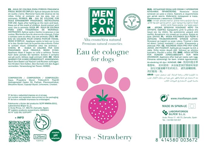 MENFORSAN Eau de Cologne Strawberry for dogs 100% Natural, Vegan-Friendly, Alcohol Free
