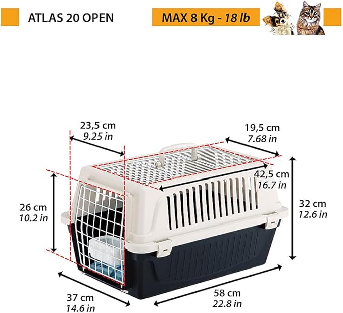 Ferplast Cat Carrier Small Dog Carrier, Double Opening, Secure, Practical, Easy to Clean, Durable Pet Travel Box up to 8 Kg, Includes Cushion, 58 x 37 x h. 32 cm