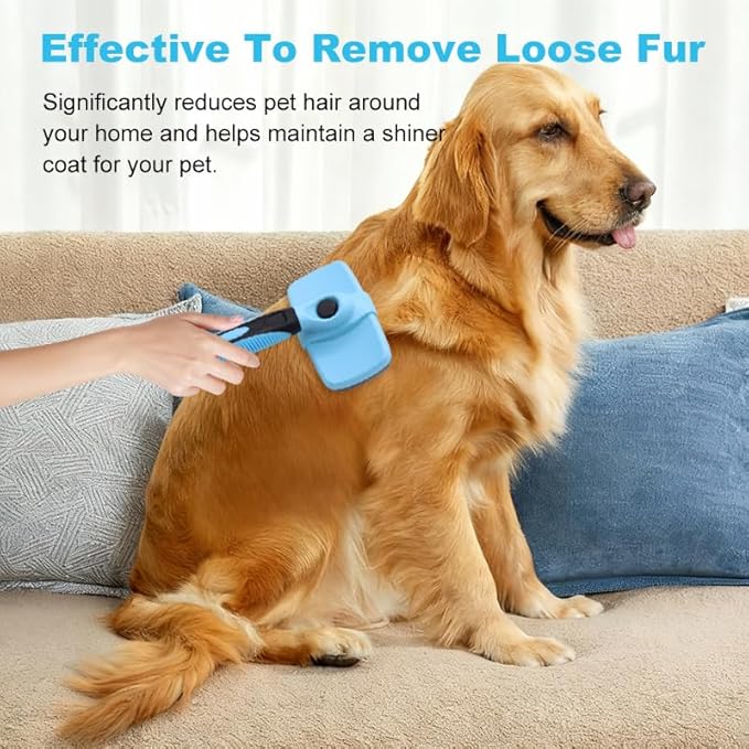 Self Cleaning Slicker Brush for Dogs & Cats, Gentle Deshedding and Hair Removal Tool for Long & Short Haired Pets, Easy Push Button, Green