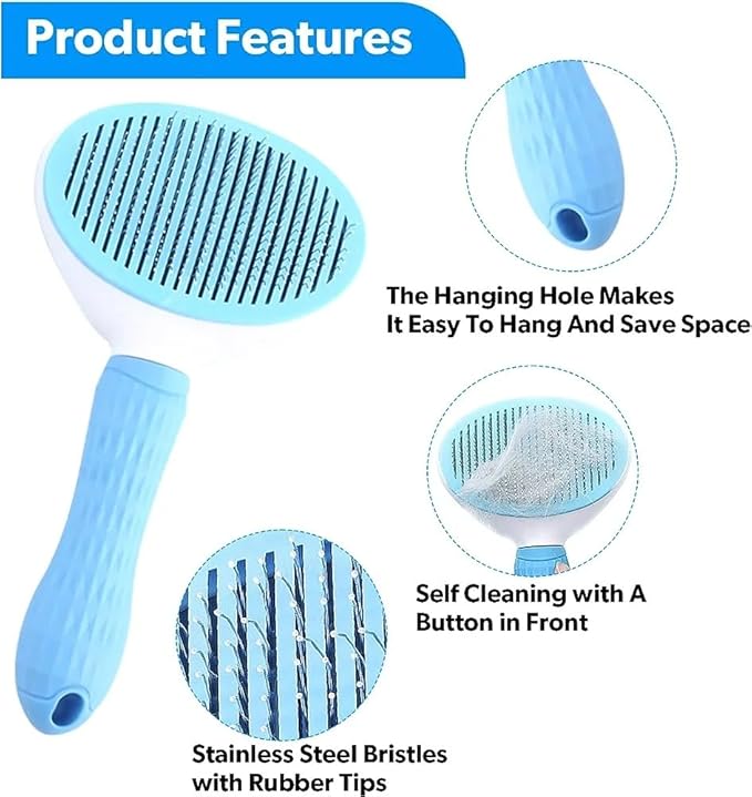 Self-Cleaning Cat and Dog Slicker Brush - Grooming Comb With Smooth Handle, Pet Grooming Tool With Cleaning Button for Shedding and Massage (BLUE)