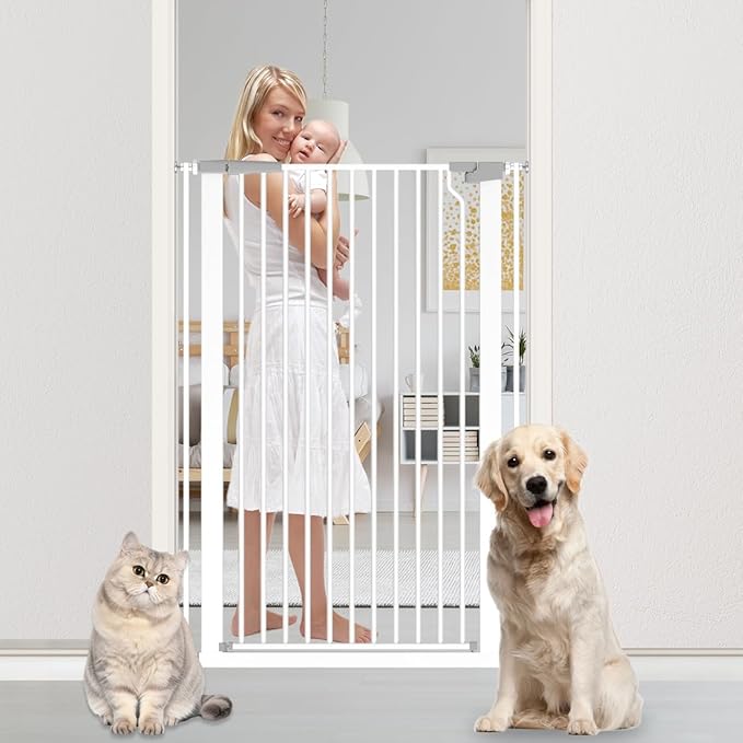 51.18" Tall Extra Tall Pet Gate Dog Door, Auto Close Safety Gates for Kitchen Living Room Doorways Hallway,Indoor Pet Gates for Dogs or Cats(Black) (White, 29.6-32.6")