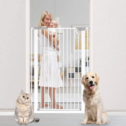 51.18" Tall Extra Tall Pet Gate Dog Door, Auto Close Safety Gates for Kitchen Living Room Doorways Hallway,Indoor Pet Gates for Dogs or Cats(Black) (White, 29.6-32.6")