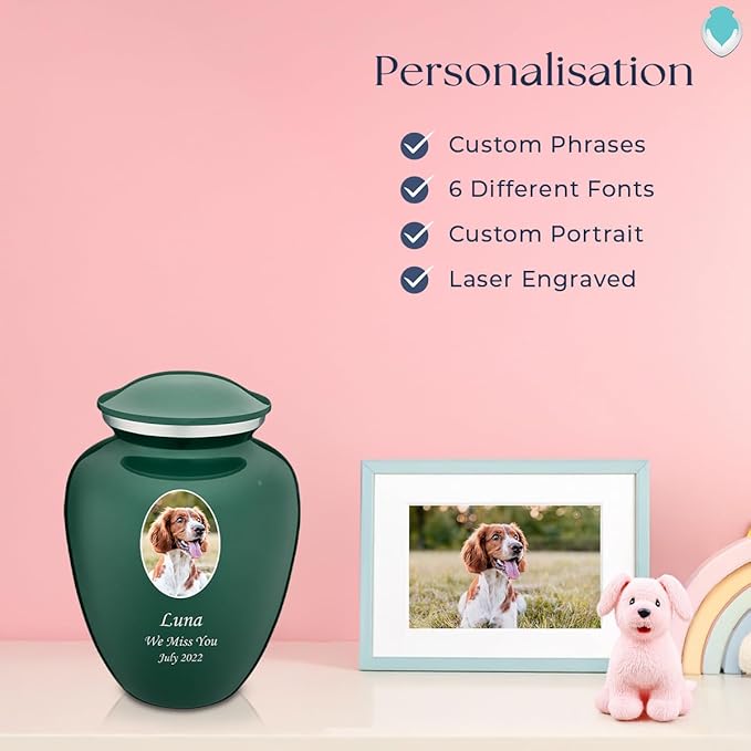 Geturns Embrace Personalized Picture Urn for Small Pets I Green Photo Cremation Urns for Dogs and Cats I 44 lbs