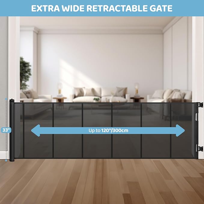 120 Inch Extra Wide Retractable Baby Gate for Large Opening, 33” Tall, Upgraded Dog Gate with Fiberglass Rods for Doorways, Indoor & Outdoor and Stairs, Black