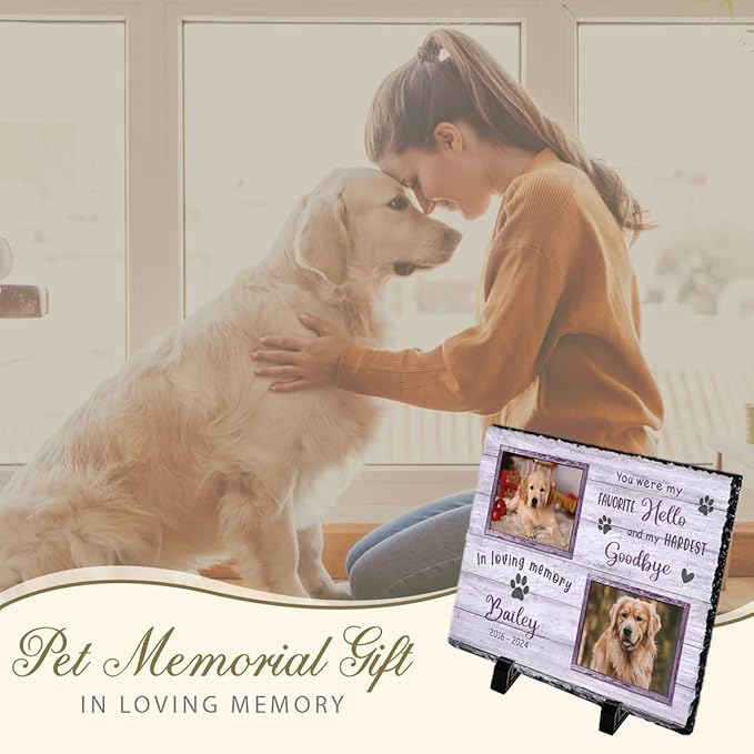 Dog Memorial Stone - Personalized Background Variable Stones for Loss of Dogs - Favorite Hello & Hardest Goodbye - Sympathy Gift, Bereavement Garden Décor for Pet Lovers