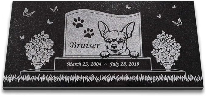 Indoor Outdoor Dog Memorial – Chihuahua Pet Memorial Stone – Black Granite Stone – Dog Headstone – 6 x 12 x 3/8 Inches – Paw Prints Pet Memorial Stone – in Loving Memory – Pet Loss Stone - Bruiser