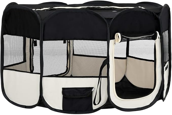 vidaXL Dog Playpen Black and Cream Polyester Foldable Dog Playpen