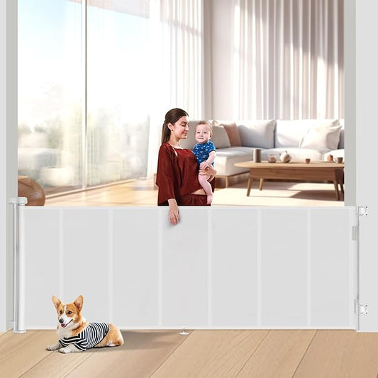 120 inch Retractable Baby Gates 42 inch Tall, Retractable Gate with Reinforced Strip Design to Prevent Crawling Through, 10 FT Extra Wide Retractable Dog Gate for Indoor/Outdoor