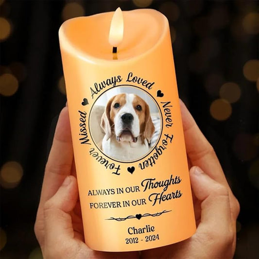 Custom Photo Always in Our Thoughts Forever in Our Hearts Dog Memorial Led Candle Gifts for Dog Mom Dad Pet Owners Christmas Birthday Pet Memorial Sympathy Remembrance Led Candle Decor Gifts